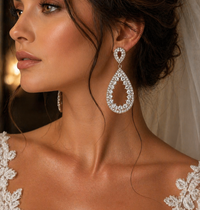 Elegant diamond teardrop earrings with pavé stones worn by a bride.