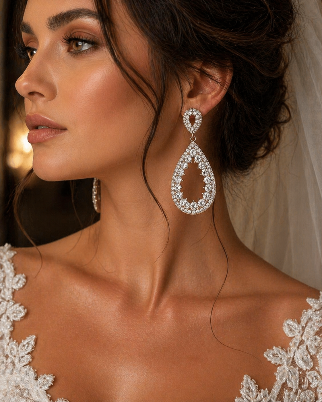 Elegant diamond teardrop earrings with pavé stones worn by a bride.