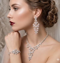 Bridal crystal jewelry set with teardrop chandelier earrings and matching necklace.