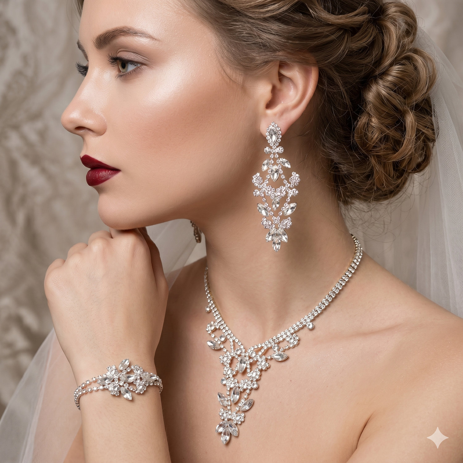 Bridal crystal jewelry set with teardrop chandelier earrings and matching necklace.