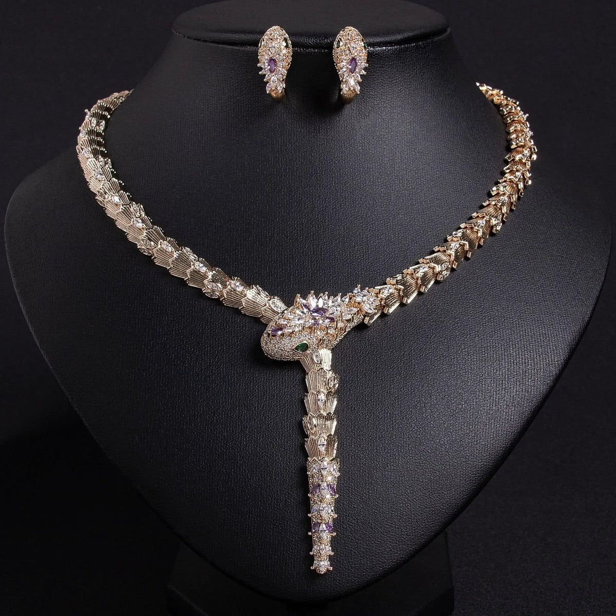 S925 Silver and Zircon Snake-Design Necklace and Earrings Jewelry Set - from Artshiney