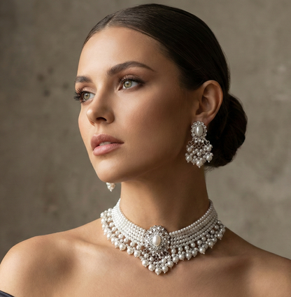 Pearl Choker Necklace With Statement Earrings Set – Elegant Bridal Jewelry