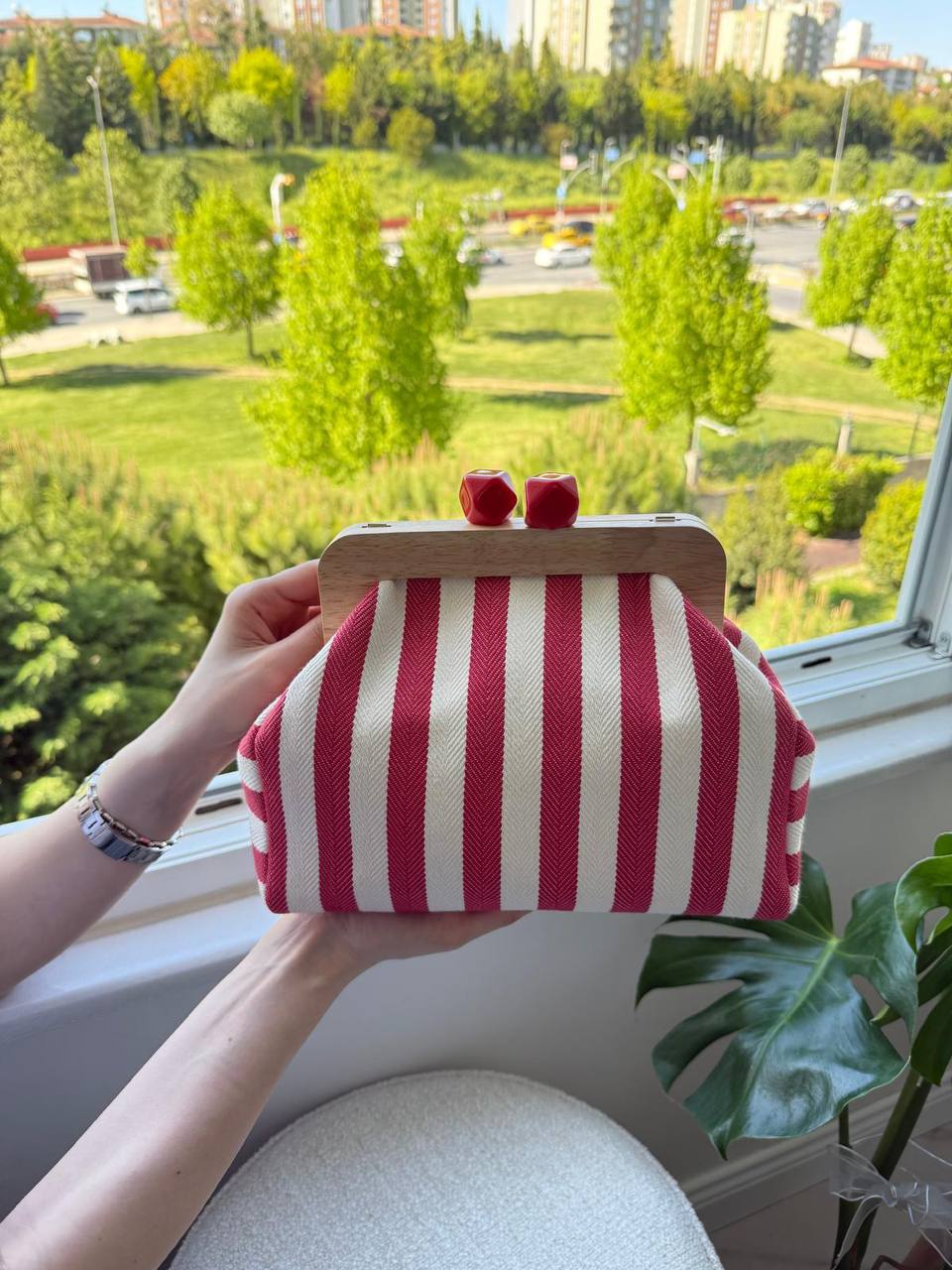 Red White Striped Clutch with Wooden Frame | Handmade Canvas Purse with Cherry Clasp | Nautical Summer Bag