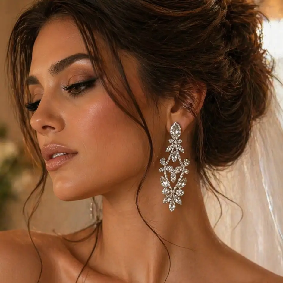 Bridal Chandelier Earrings - Silver Rose Gold Drop Earrings by Glam Duchess (bridal-chandelier-earrings-bridesmaid-earrings-prom-earrings-bridesmaid-jewelry-silver-rose-gold-bridal-earrings-drop-earrings)