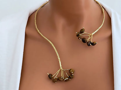 Gold Twist with Gemstone Branches Open Collar Necklace Earrings Set, Handmade In Turkey - Glam Duchess