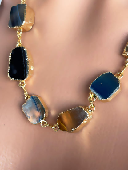 Handmade Gold plated Raw Agate Slice Statement Necklace – Gold Edged Natural Gemstones