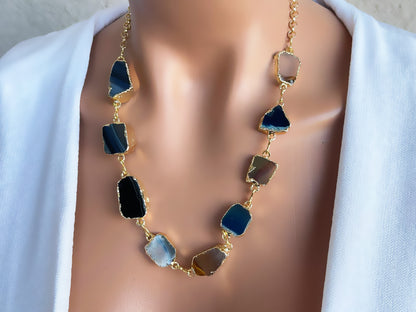 Handmade Gold plated Raw Agate Slice Statement Necklace – Gold Edged Natural Gemstones