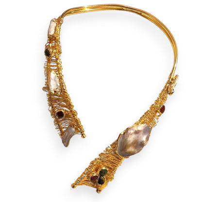 Handmade 24k Gold Plated Architectural Choker – Sculptural Statement Necklace with Baroque Pearl & Gemstone Accents