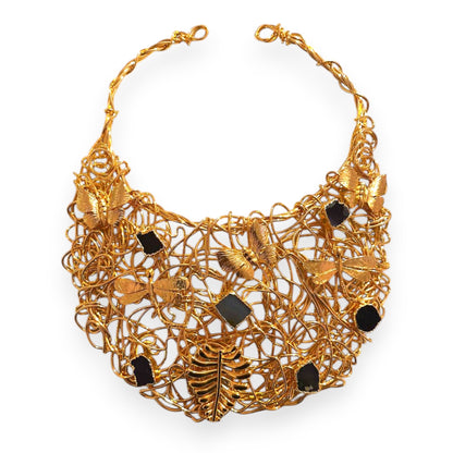 Handmade 24k Gold Plated "Golden Bloom" Statement Necklace - Natural Black Tourmaline & Filigree Butterfly Bib