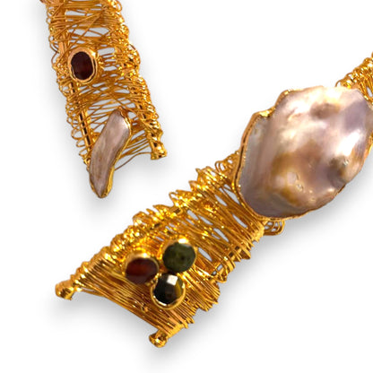 Handmade 24k Gold Plated Architectural Choker – Sculptural Statement Necklace with Baroque Pearl & Gemstone Accents