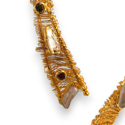 Handmade 24k Gold Plated Architectural Choker – Sculptural Statement Necklace with Baroque Pearl & Gemstone Accents