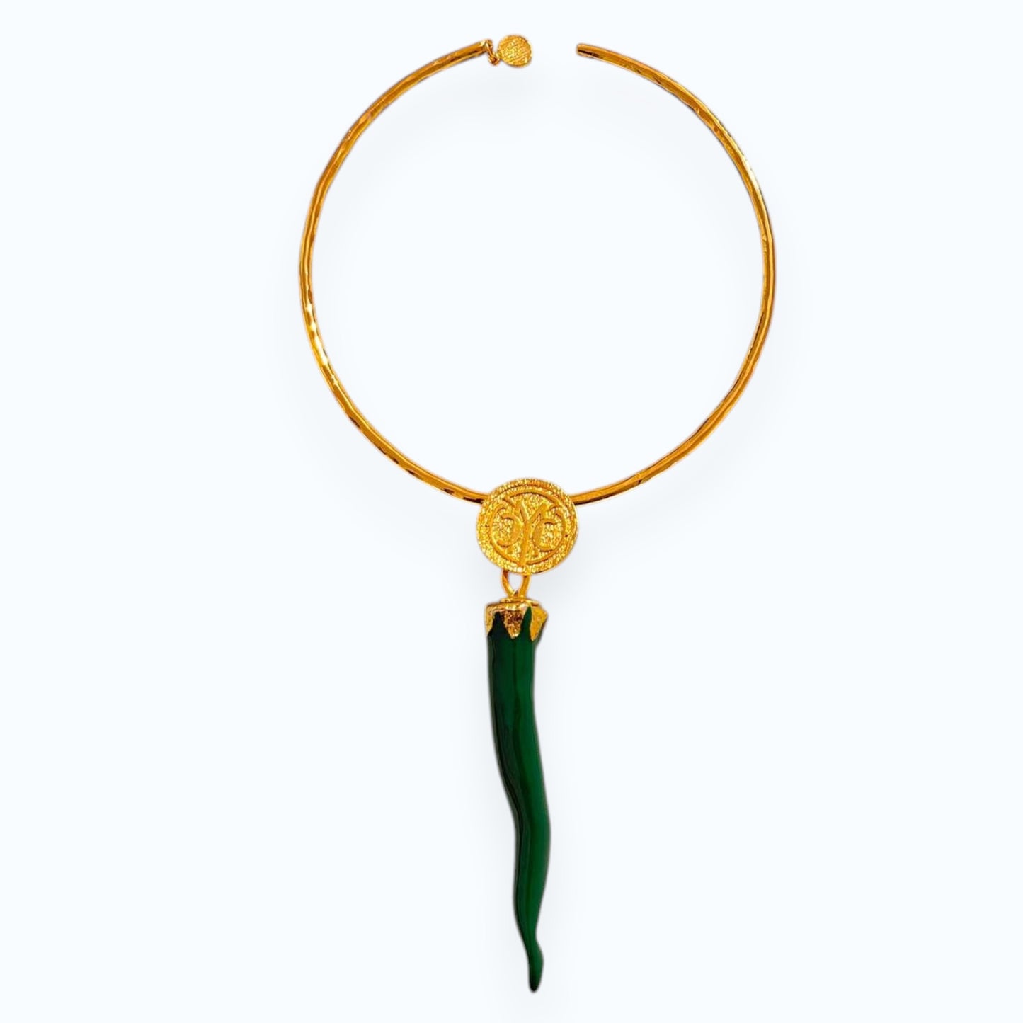 24K Gold Plated Open Choker Necklace with Green Italian Horn Pendant – Mediterranean Style Torc Choker – Good Luck Cornicello Jewelry for Women