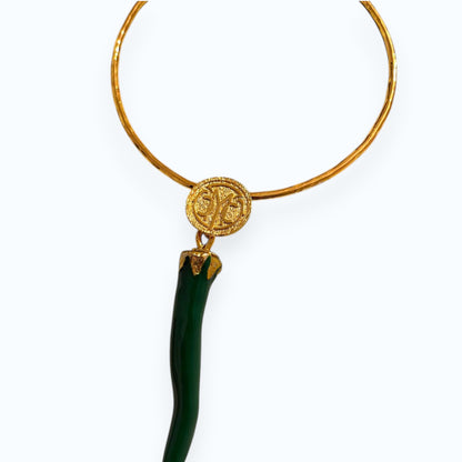 24K Gold Plated Open Choker Necklace with Green Italian Horn Pendant – Mediterranean Style Torc Choker – Good Luck Cornicello Jewelry for Women