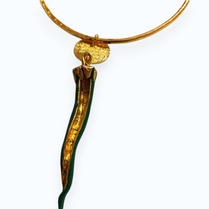 24K Gold Plated Open Choker Necklace with Green Italian Horn Pendant – Mediterranean Style Torc Choker – Good Luck Cornicello Jewelry for Women
