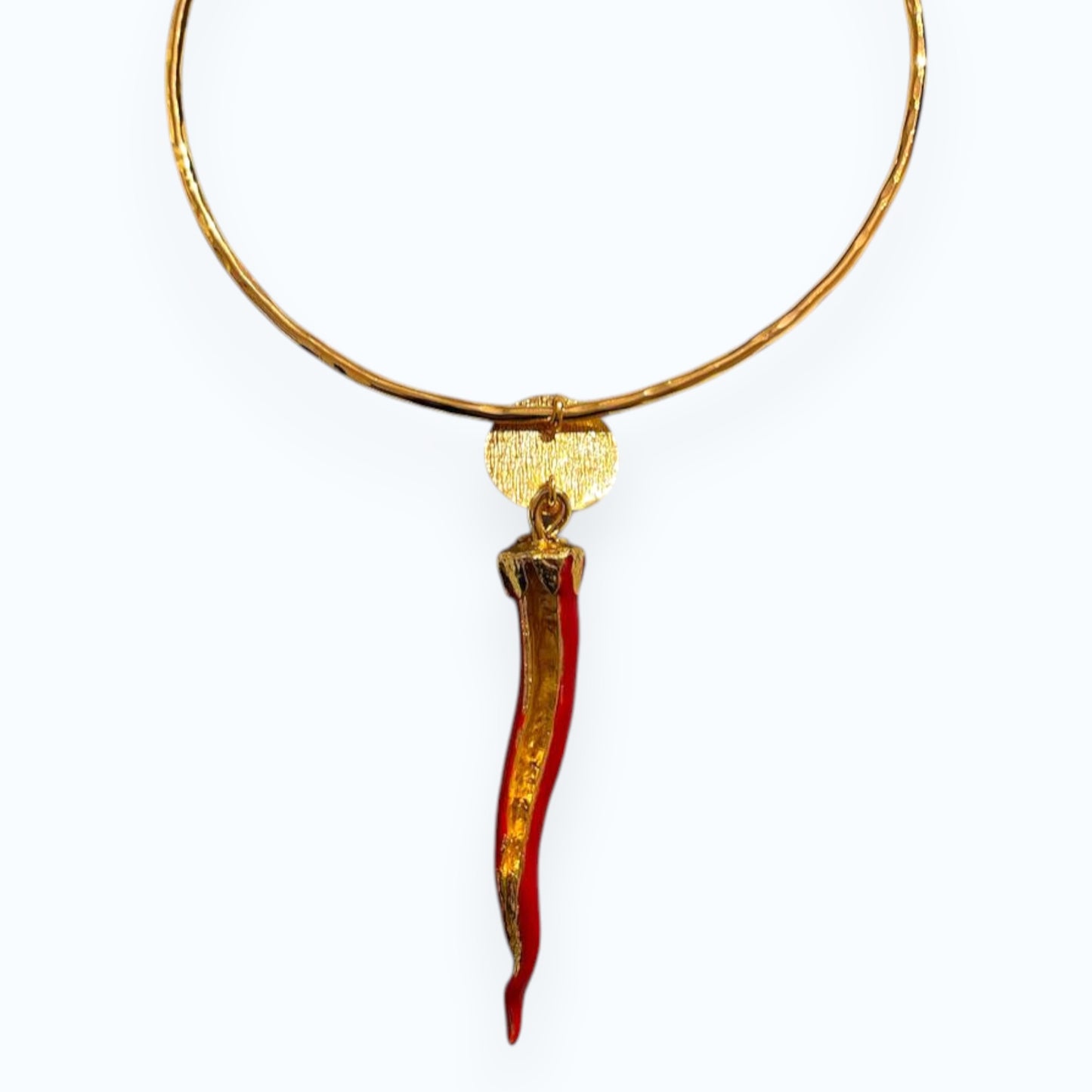 24K Gold Plated Open Choker Necklace with Red Italian Horn Pendant – Mediterranean Style Torc Choker – Good Luck Cornicello Jewelry for Women