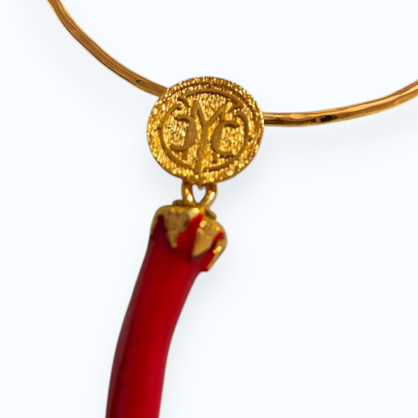 24K Gold Plated Open Choker Necklace with Red Italian Horn Pendant – Mediterranean Style Torc Choker – Good Luck Cornicello Jewelry for Women