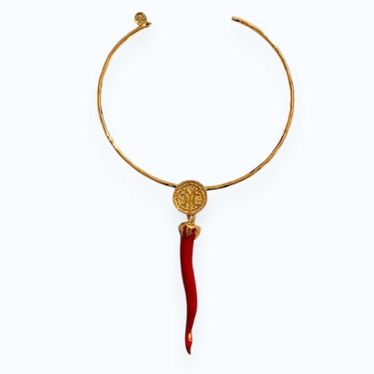 24K Gold Plated Open Choker Necklace with Red Italian Horn Pendant – Mediterranean Style Torc Choker – Good Luck Cornicello Jewelry for Women