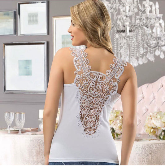 Super Soft Lace Back Sleeveless Top – Elegant Floral Detail, Made in Turkey