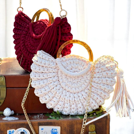 Handmade Crochet Fan-Shaped Bag with Gold Ring Handle – Boho Chic Shoulder Bag