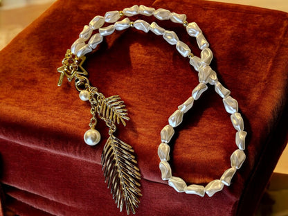 Handmade Gold Plated Leaf Feather Long Pearl Necklace, Baroque Pearl Pendant Necklace with Star and Leaf Charms