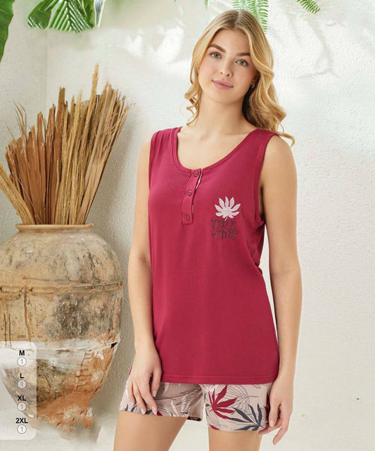 Super Soft Sleeveless Pajama Set, Burgundy Top & Leaf Print Shorts made in Turkey