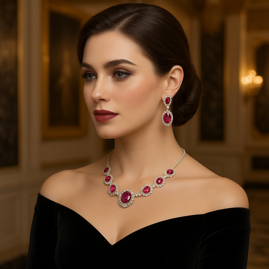 Hot Pink Fuchsia Rhinestone Necklace and Earring Set