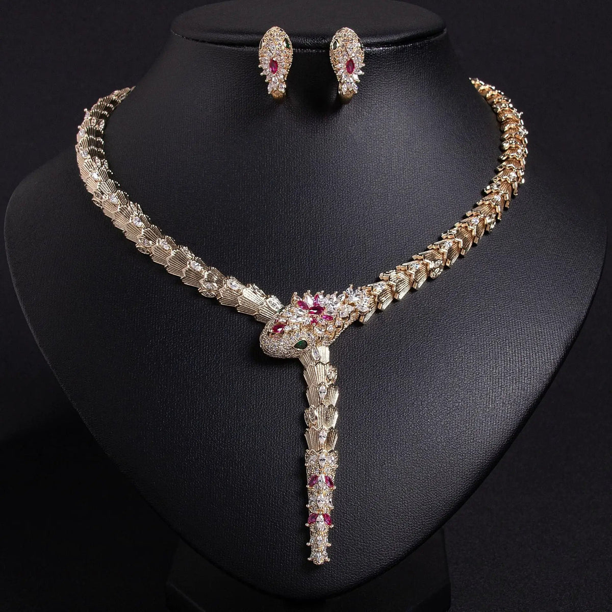 S925 Silver and Zircon Snake-Design Necklace and Earrings Jewelry Set - from Artshiney