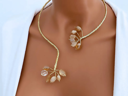Gold Twist with Gemstone Branches Open Collar Necklace Earrings Set