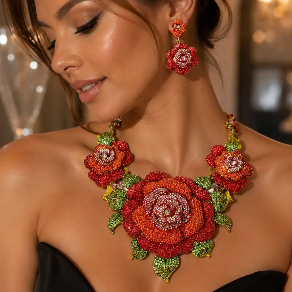 Crystal Pavé Rose Statement Necklace & Earrings Set - Jewelry Sets from Glam Duchess