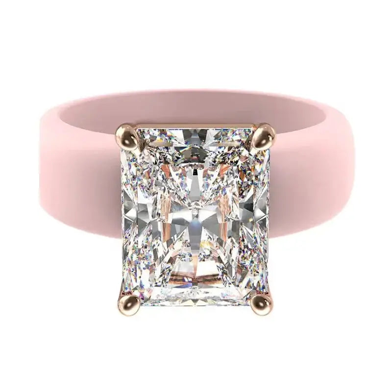 Women's Silicone Ring with Large Rectangle CZ Stone, Rose Gold Prong Setting, Comfortable Sport Wedding Band, Anti-allergy Jewel - from Glam Duchess