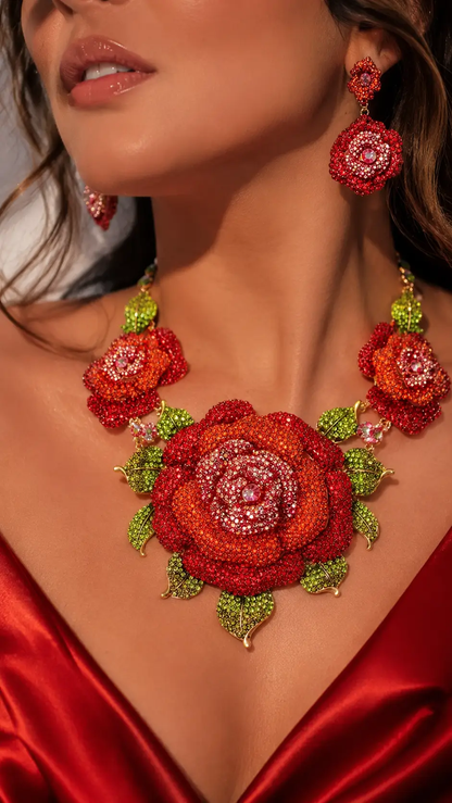 Crystal Pavé Rose Statement Necklace & Earrings Set - Jewelry Sets from Glam Duchess