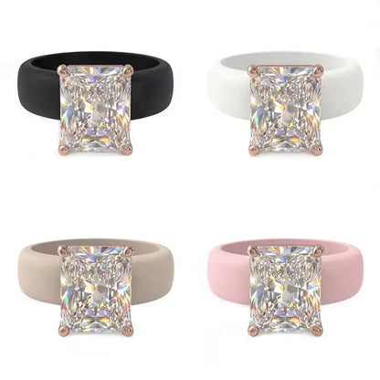 Women's Silicone Ring with Large Rectangle CZ Stone, Rose Gold Prong Setting, Comfortable Sport Wedding Band, Anti-allergy Jewel - from Glam Duchess