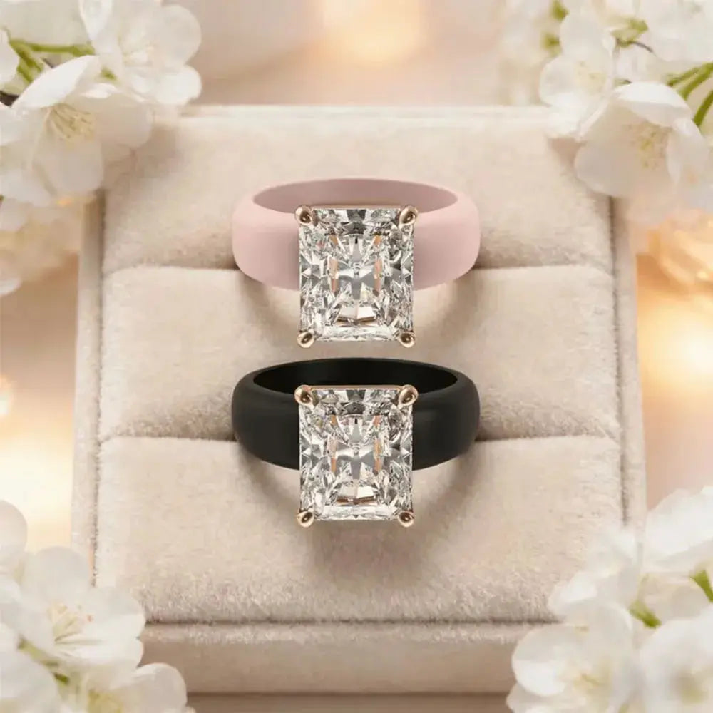 Women's Silicone Ring with Large Rectangle CZ Stone, Rose Gold Prong Setting, Comfortable Sport Wedding Band, Anti-allergy Jewel - from Glam Duchess