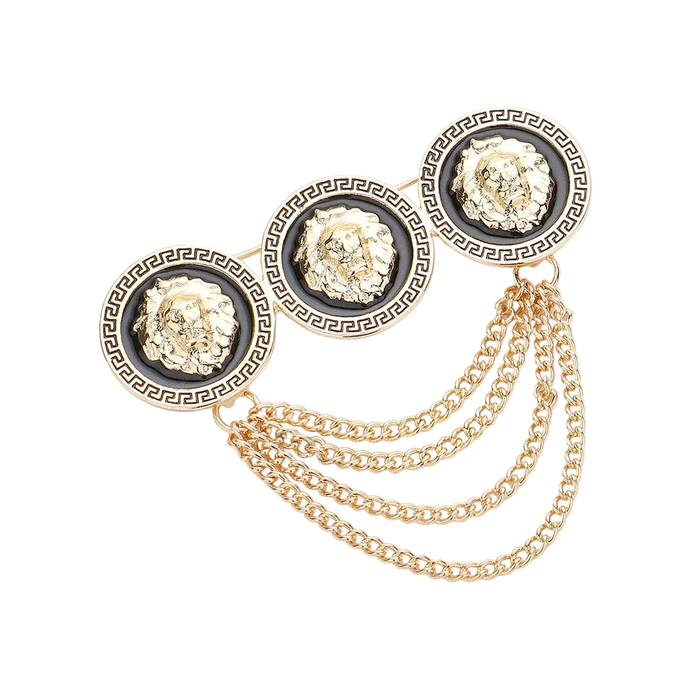 Triple Lion Head Pointed Chain Pin Brooch