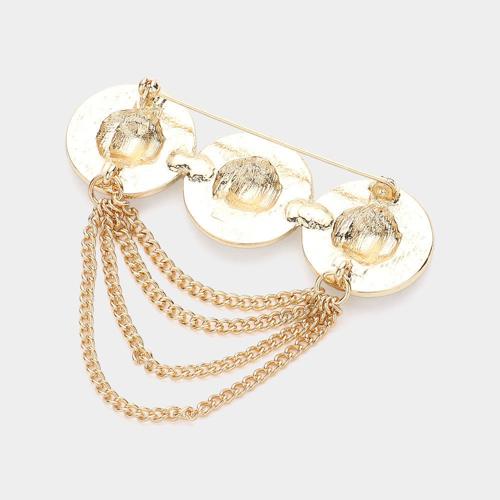 Triple Lion Head Pointed Chain Pin Brooch