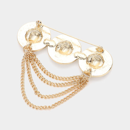 Triple Lion Head Pointed Chain Pin Brooch