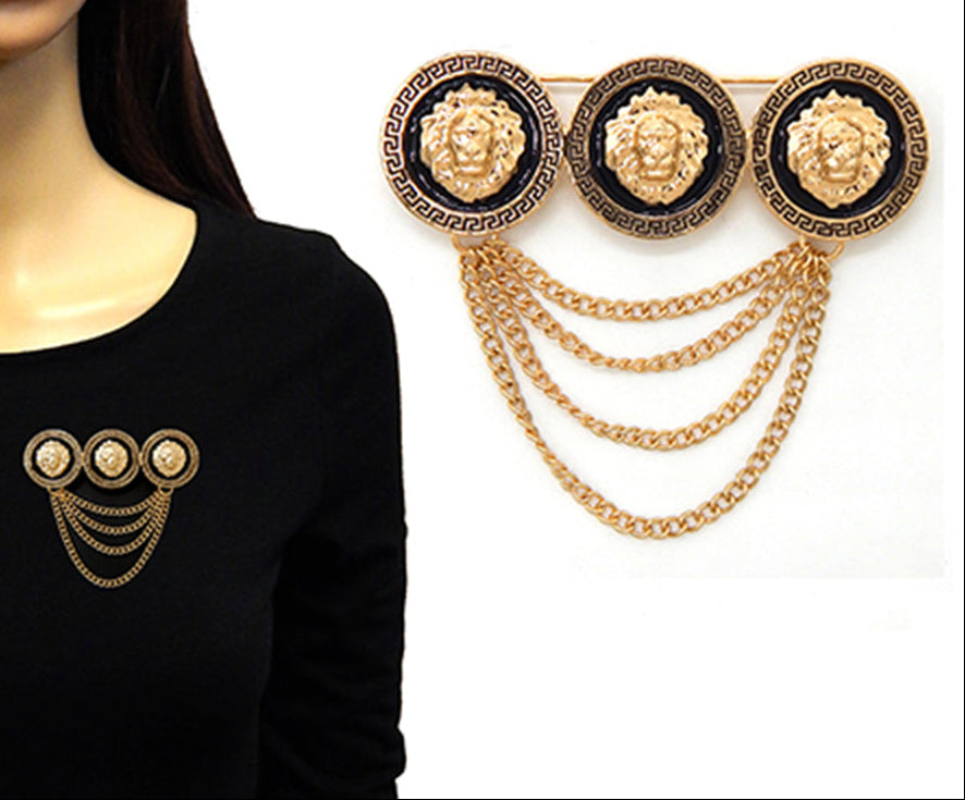 Triple Lion Head Pointed Chain Pin Brooch