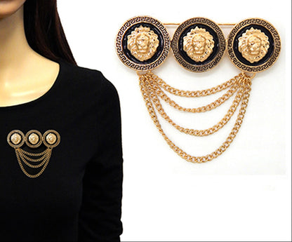 Triple Lion Head Pointed Chain Pin Brooch