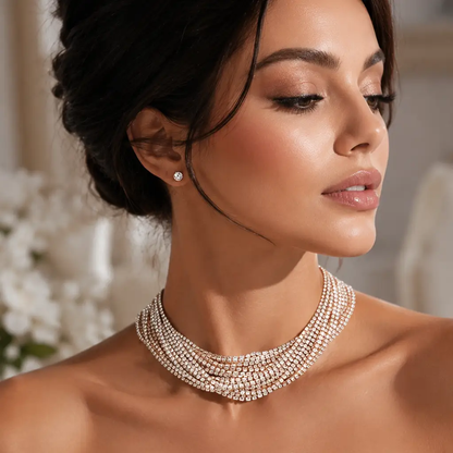 Multi-Layered Rhinestone Choker Necklace & Earrings Set - Jewelry Sets from Glam Duchess