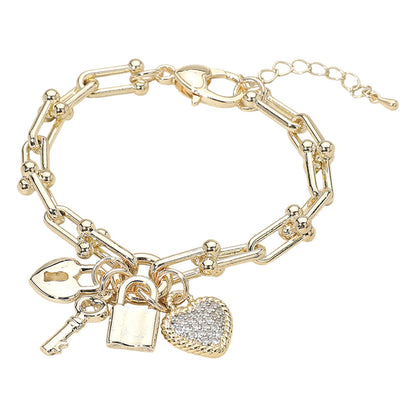 14K Gold Plated CZ Stone Paved Heart Key Lock Charm Industrial Link Chain Bracelet