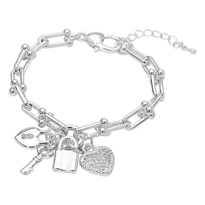 14K Gold Plated CZ Stone Paved Heart Key Lock Charm Industrial Link Chain Bracelet