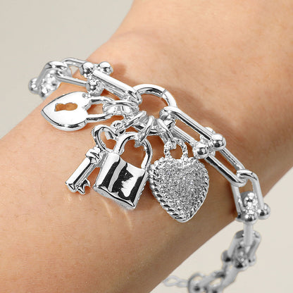 14K Gold Plated CZ Stone Paved Heart Key Lock Charm Industrial Link Chain Bracelet