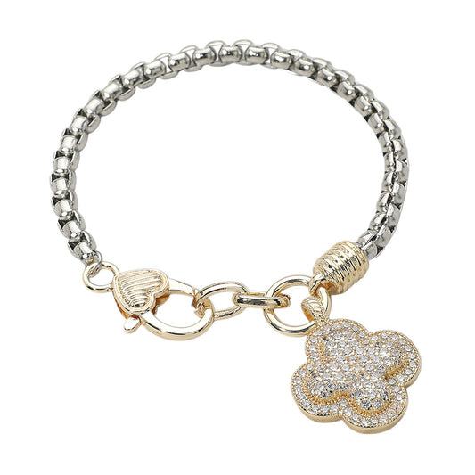 14K Gold Plated Two Tone CZ Stone Paved Quatrefoil Charm Bracelet