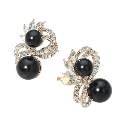 Double Pearl Accent Rhinestone Pave Swirl Clip On Earrings by Glam Duchess (double-pearl-accent-rhinestone-pave-swirl-clip-on-earrings-1)