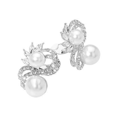 Double Pearl Accent Rhinestone Pave Swirl Clip On Earrings by Glam Duchess (double-pearl-accent-rhinestone-pave-swirl-clip-on-earrings-1)