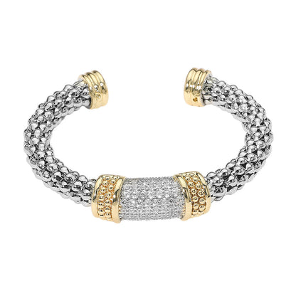 CZ Stone Paved Bar Accent Two Tone Braided Cuff Bracelet