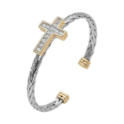 CZ Stone Paved Two Tone Cross Accent Braided Cuff Bracelet