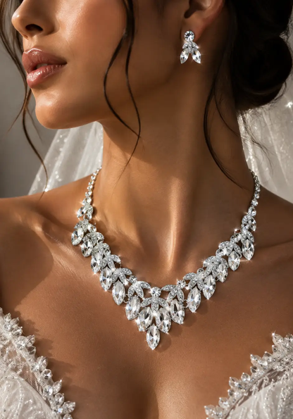 Crystal Bridal Necklace Set Teardrop Rhinestones Adjustable 18 to 21 Inches Earrings Included - Jewelry Sets from Glam Duchess