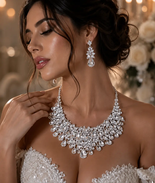 Crystal Bridal Necklace Set Teardrop Rhinestones Adjustable 18 to 21 Inches Earrings Included - Jewelry Sets from Glam Duchess