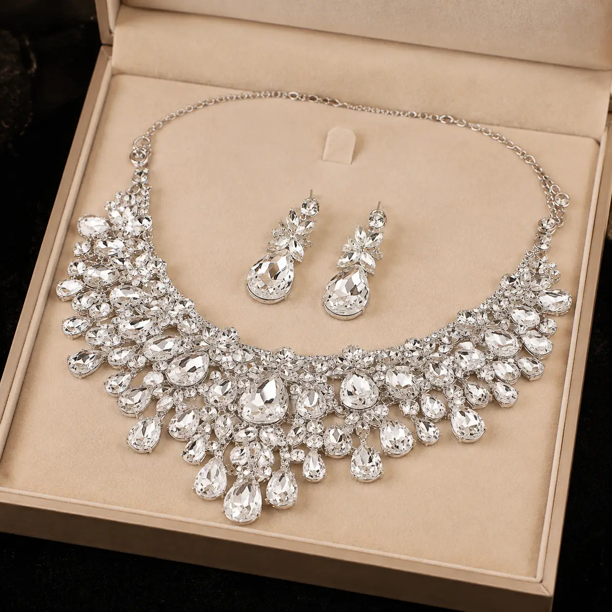 Crystal Bridal Necklace Set Teardrop Rhinestones Adjustable 18 to 21 Inches Earrings Included - Jewelry Sets from Glam Duchess